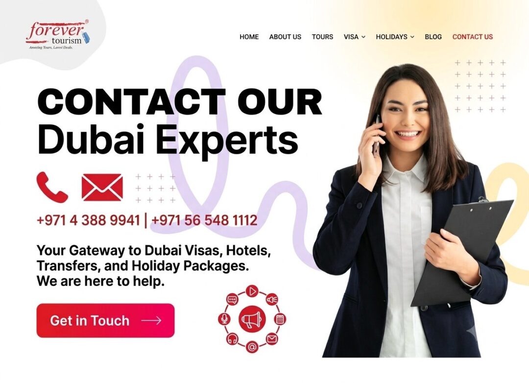 Contact page hero showing a businesswoman on the phone with a clipboard; invites contacting Dubai Experts with two phone numbers and a Get in Touch button.