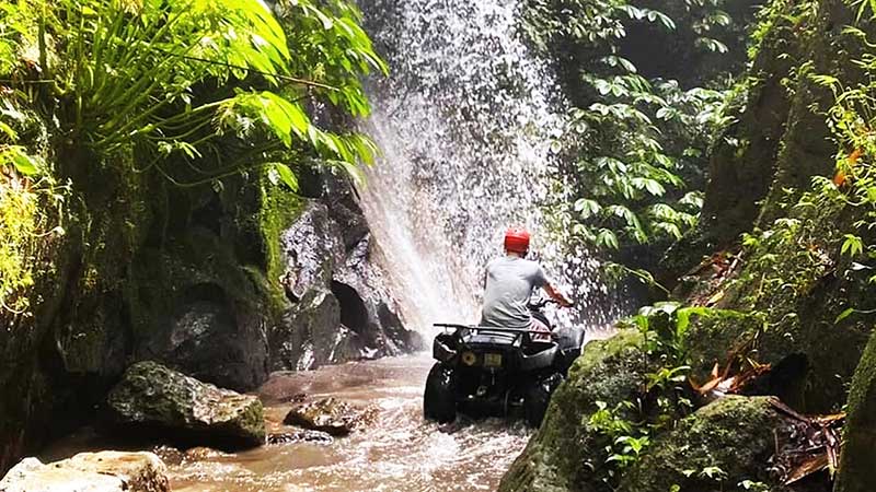 Person riding an all-terrain vehicle through a rocky stream beneath a cascading waterfall in a lush jungle setting.