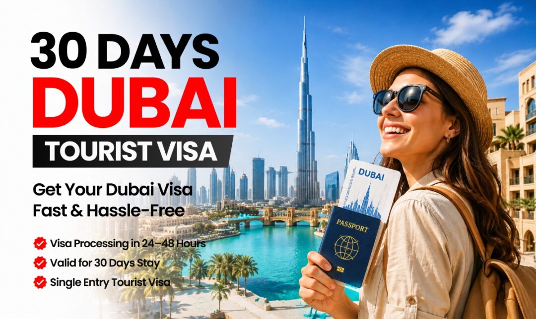 Promotional banner offering a 30-day Dubai tourist visa with a smiling woman holding a passport against Dubai’s skyline and texts about fast processing and 30-day stay.