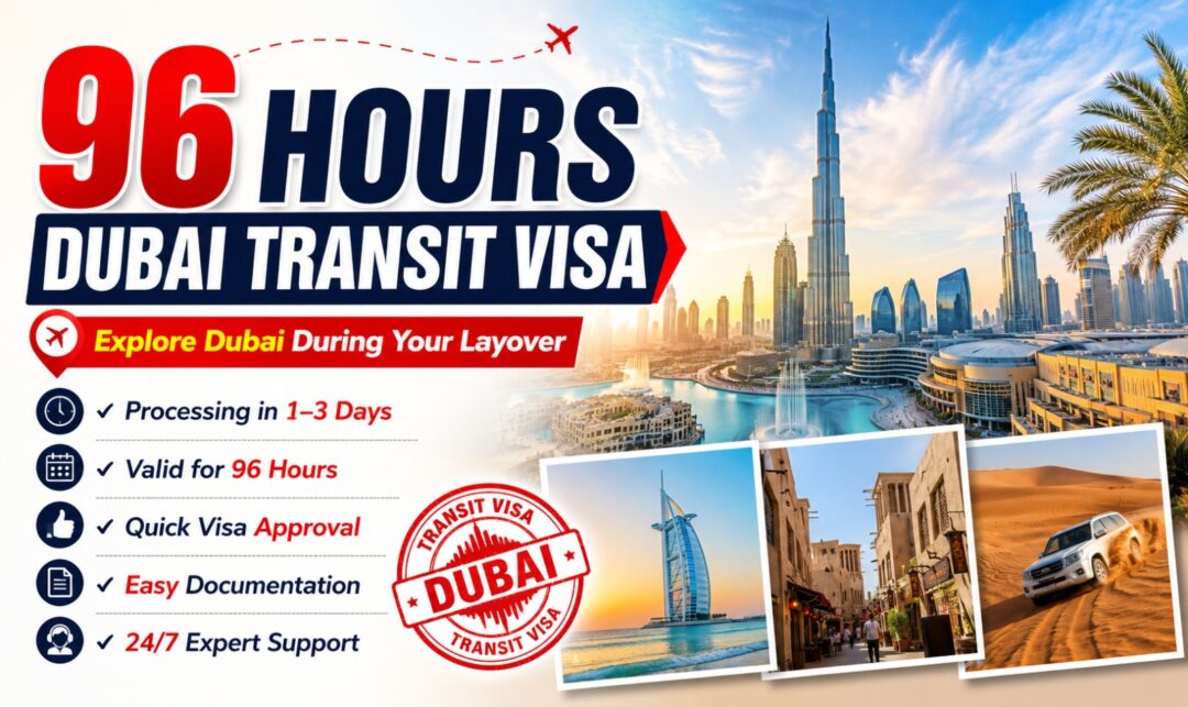 Promotional poster for a 96-hour Dubai transit visa featuring the skyline and travel photos.