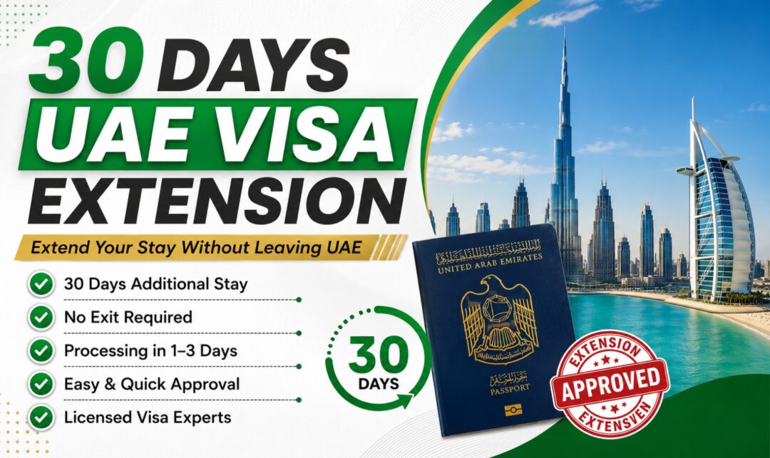 Promotional banner for a 30-day UAE visa extension with a UAE passport, Dubai skyline, and an 'Extension Approved' stamp.