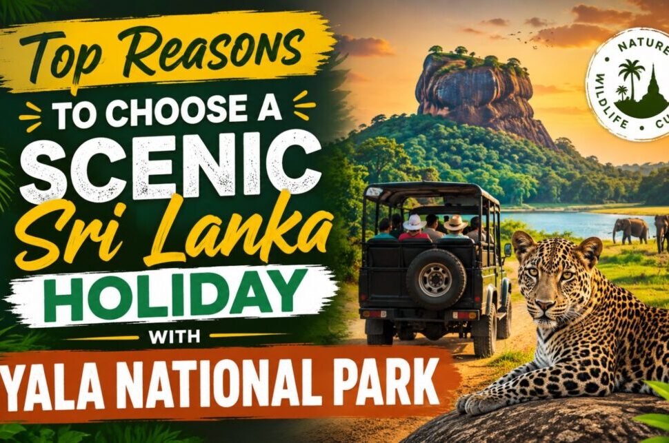 Promotional image advertising a Sri Lanka holiday with Yala National Park, featuring a safari jeep, leopard, and lush scenery.