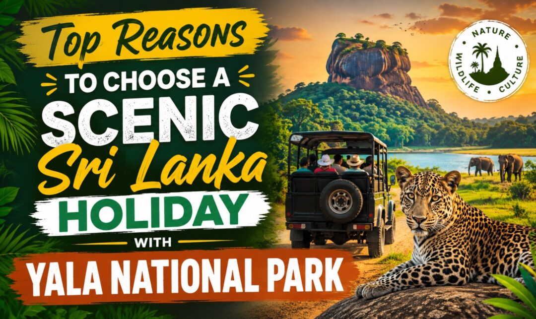Promotional image advertising a Sri Lanka holiday with Yala National Park, featuring a safari jeep, leopard, and lush scenery.