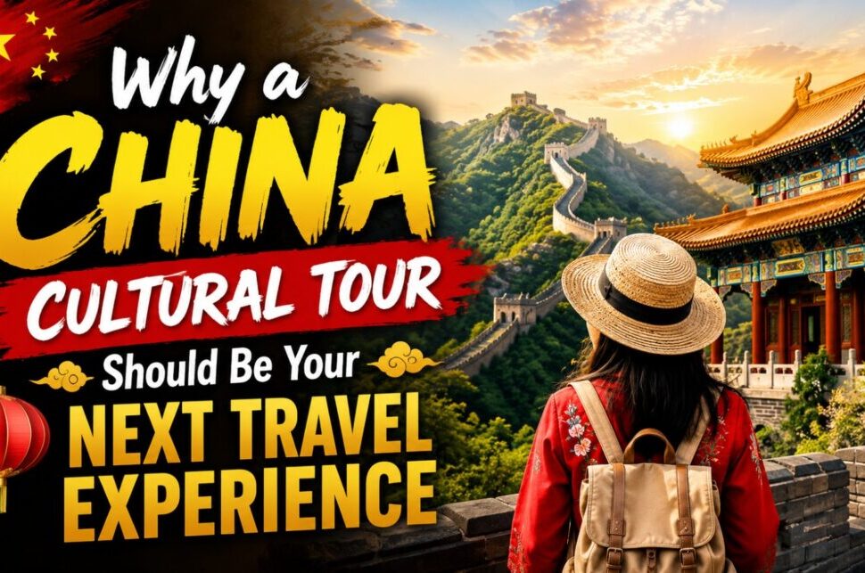 Traveler with a backpack and straw hat looks toward the Great Wall and a traditional Chinese building; promotional text for a China cultural tour appears on screen.