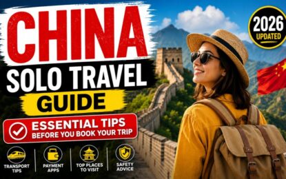China Solo Travel Guide 2026: Essential Tips Before You Book Your Trip › Forever Tourism LLC Traveler with backpack on the Great Wall under a bright sky, with the title 'CHINA SOLO TRAVEL GUIDE' and an 'Essential Tips' banner nearby (2026 updated).
