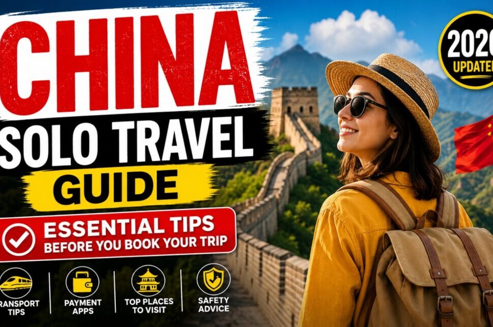 Traveler with backpack on the Great Wall under a bright sky, with the title 'CHINA SOLO TRAVEL GUIDE' and an 'Essential Tips' banner nearby (2026 updated).