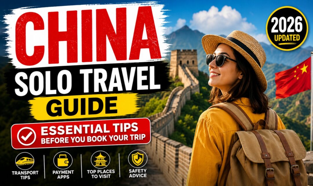 Traveler with backpack on the Great Wall under a bright sky, with the title 'CHINA SOLO TRAVEL GUIDE' and an 'Essential Tips' banner nearby (2026 updated).