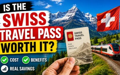 Is the Swiss Travel Pass Worth It? Complete Cost & Benefits Guide › Forever Tourism LLC Promotional banner for the Swiss Travel Pass: bold text asks 'Is the Swiss Travel Pass Worth It?', with mountains, a Swiss flag, a train, and a hand holding the pass.