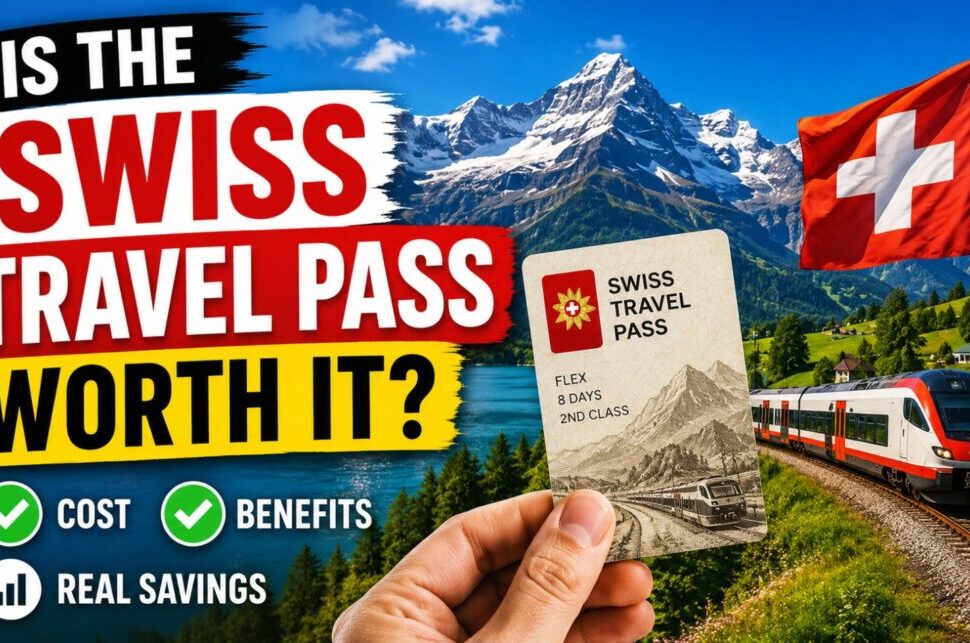 Promotional banner for the Swiss Travel Pass: bold text asks 'Is the Swiss Travel Pass Worth It?', with mountains, a Swiss flag, a train, and a hand holding the pass.