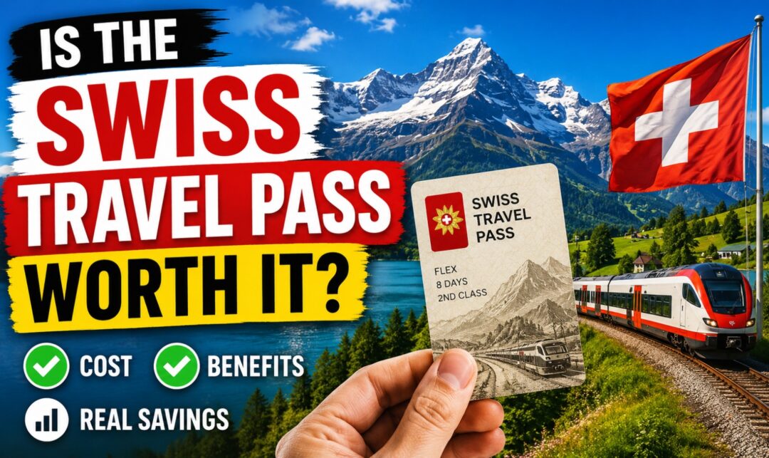 Promotional banner for the Swiss Travel Pass: bold text asks 'Is the Swiss Travel Pass Worth It?', with mountains, a Swiss flag, a train, and a hand holding the pass.