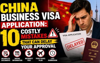 China Business Visa Application: 10 Costly Mistakes That Can Delay Your Approval › Forever Tourism LLC Thumbnail showing a worried man with a delayed visa form and a Chinese passport, beside bold text about 10 costly mistakes delaying China business visa approval.