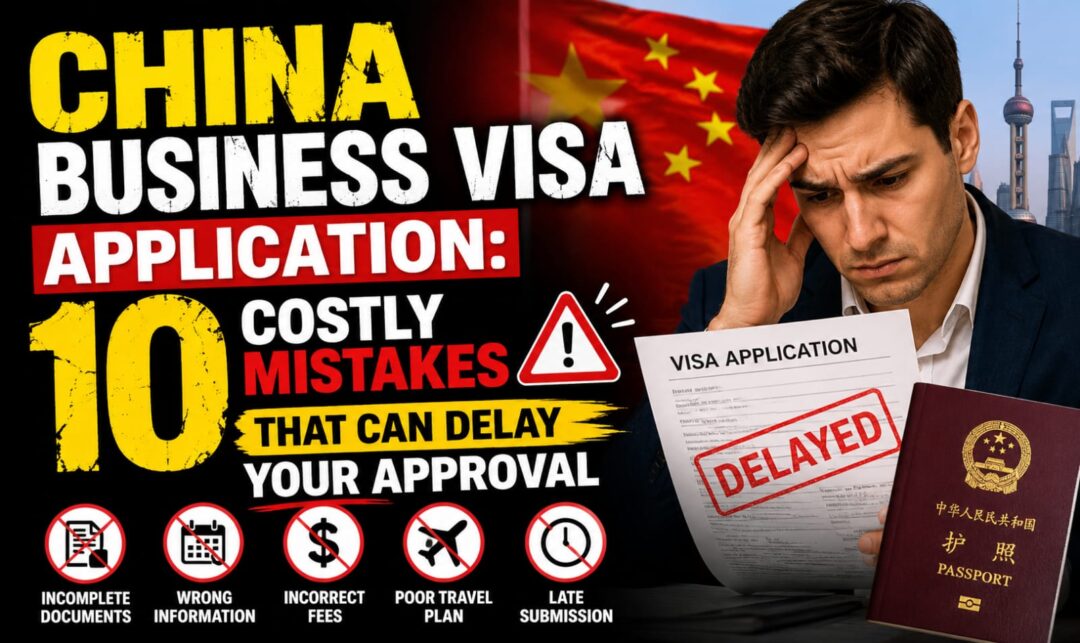 Thumbnail showing a worried man with a delayed visa form and a Chinese passport, beside bold text about 10 costly mistakes delaying China business visa approval.