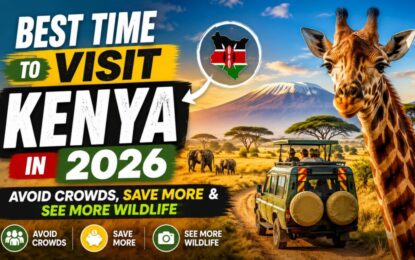 Best Time to Visit Kenya in 2026: Avoid Crowds, Save More & See More Wildlife › Forever Tourism LLC Promotional travel poster for Kenya in 2026 featuring a safari jeep, a giraffe, savanna trees and Mount Kilimanjaro in the background, with bold text about avoiding crowds and seeing more wildlife.