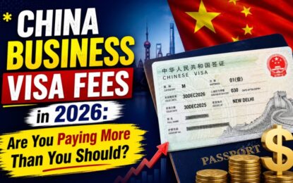 China Business Visa Fees in 2026: Are You Paying More Than You Should? › Forever Tourism LLC Thumbnail: bold text 'CHINA BUSINESS VISA FEES in 2026' with a Chinese flag, passport, and coins suggesting costs or fees, in a dark blue background