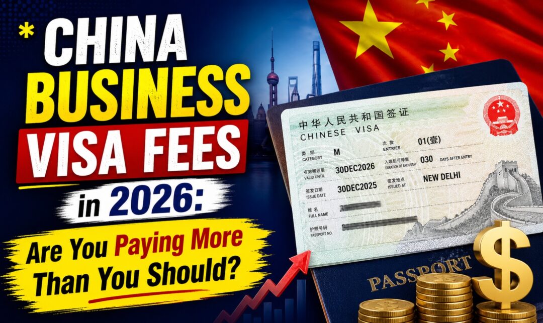 China Business Visa Fees in 2026: Are You Paying More Than You Should? › Forever Tourism LLC Thumbnail: bold text 'CHINA BUSINESS VISA FEES in 2026' with a Chinese flag, passport, and coins suggesting costs or fees, in a dark blue background