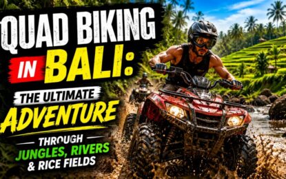 Quad Biking in Bali: The Ultimate Adventure Through Jungles, Rivers & Rice Fields › Forever Tourism LLC Quad bike rider splashes through a muddy river in Bali, with bold travel promo text overlaid.