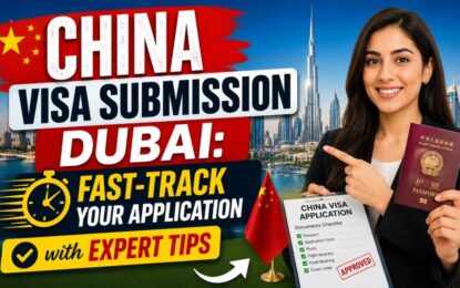 China Visa Submission Dubai: Fast-Track Your Application with Expert Tips › Forever Tourism LLC Thumbnail: woman holding a Chinese passport and visa checklist, with the Dubai skyline and bold 'Visa Submission' text in the background.