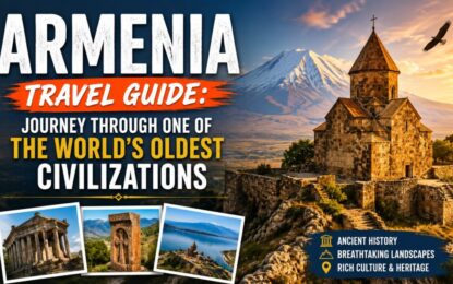 Armenia Travel Guide: Journey Through One of the World's Oldest Civilizations › Forever Tourism LLC Armenia travel guide cover featuring a hilltop stone church, mountain backdrop, and a photo collage of ancient sites.