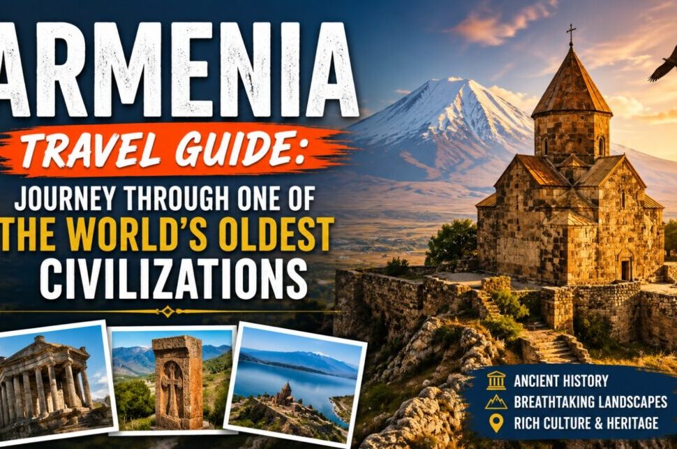 Armenia Travel Guide: Journey Through One of the World's Oldest Civilizations › Forever Tourism LLC Armenia travel guide cover featuring a hilltop stone church, mountain backdrop, and a photo collage of ancient sites.