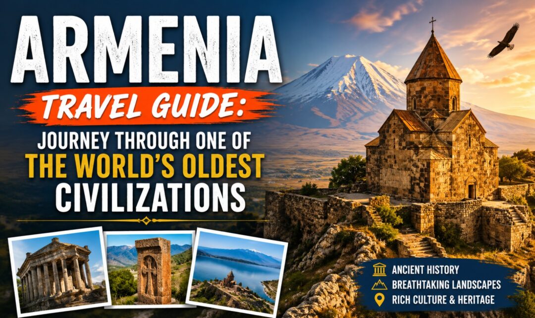 Armenia Travel Guide: Journey Through One of the World's Oldest Civilizations › Forever Tourism LLC Armenia travel guide cover featuring a hilltop stone church, mountain backdrop, and a photo collage of ancient sites.
