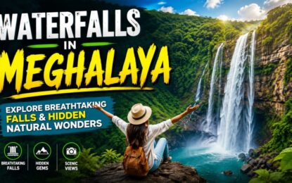 Waterfalls in Meghalaya: Explore Breathtaking Falls & Hidden Natural Wonders › Forever Tourism LLC Traveler with backpack overlooks a tall waterfall in Meghalaya, with bold text 'Waterfalls in Meghalaya' on the banner.