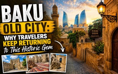 Baku Old City: Why Travelers Keep Returning to This Historic Gem › Forever Tourism LLC Thumbnail for a video about Baku Old City, with bold yellow text and photos of historic gates and streets in the corner.