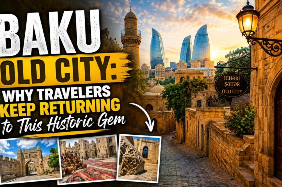 Baku Old City: Why Travelers Keep Returning to This Historic Gem › Forever Tourism LLC Thumbnail for a video about Baku Old City, with bold yellow text and photos of historic gates and streets in the corner.