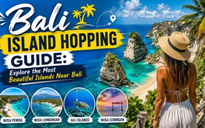 Bali Island Hopping Guide: Explore the Most Beautiful Islands Near Bali › Forever Tourism LLC Bright Bali Island Hopping Guide banner with a woman in a sunhat looking at the turquoise coast and four circular island thumbnails: Nusa Penida, Nusa Lembongan, Gili Islands, Nusa Ceningan.