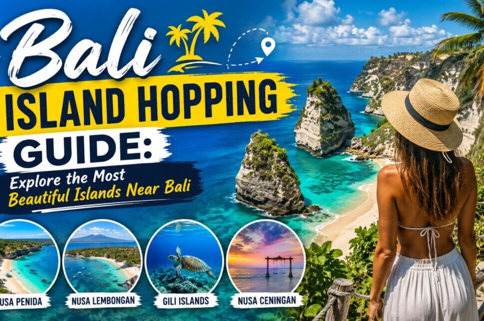 Bali Island Hopping Guide: Explore the Most Beautiful Islands Near Bali › Forever Tourism LLC Bright Bali Island Hopping Guide banner with a woman in a sunhat looking at the turquoise coast and four circular island thumbnails: Nusa Penida, Nusa Lembongan, Gili Islands, Nusa Ceningan.