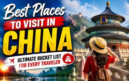 Best Places to Visit in China: Ultimate Bucket List for Every Traveler › Forever Tourism LLC Travel thumbnail: bold CHINA title, traveler in straw hat overlooking Temple of Heaven with mountains in the background.