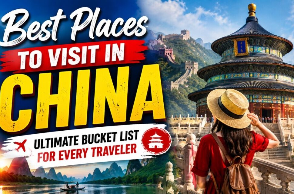 Best Places to Visit in China: Ultimate Bucket List for Every Traveler › Forever Tourism LLC Travel thumbnail: bold CHINA title, traveler in straw hat overlooking Temple of Heaven with mountains in the background.