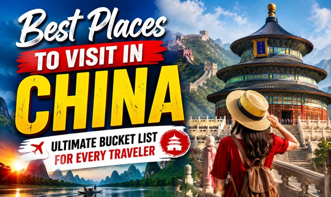 Best Places to Visit in China: Ultimate Bucket List for Every Traveler › Forever Tourism LLC Travel thumbnail: bold CHINA title, traveler in straw hat overlooking Temple of Heaven with mountains in the background.