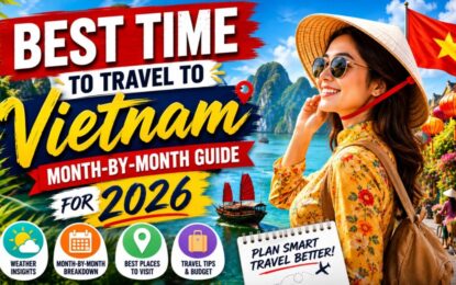 Best Time to Travel to Vietnam: Month-by-Month Guide for 2026 › Forever Tourism LLC Vietnam travel guide thumbnail: a smiling woman in a sun hat by the coast with bold text 'Best Time to Travel to Vietnam' and 'Month-by-Month Guide for 2026'.