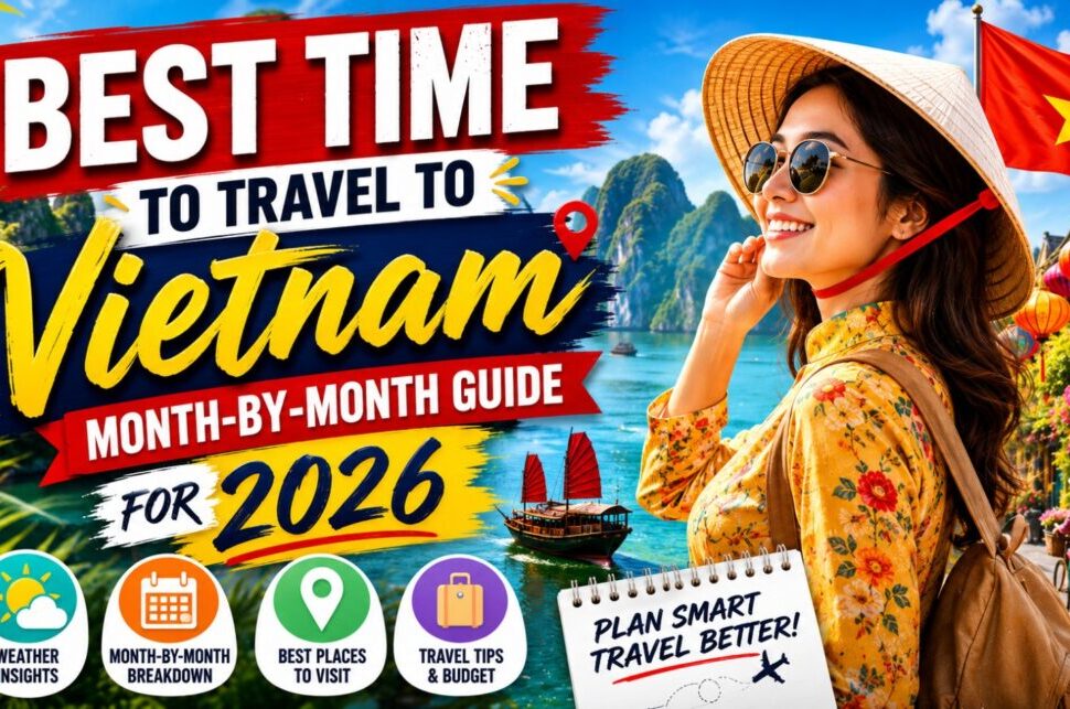 Best Time to Travel to Vietnam: Month-by-Month Guide for 2026 › Forever Tourism LLC Vietnam travel guide thumbnail: a smiling woman in a sun hat by the coast with bold text 'Best Time to Travel to Vietnam' and 'Month-by-Month Guide for 2026'.