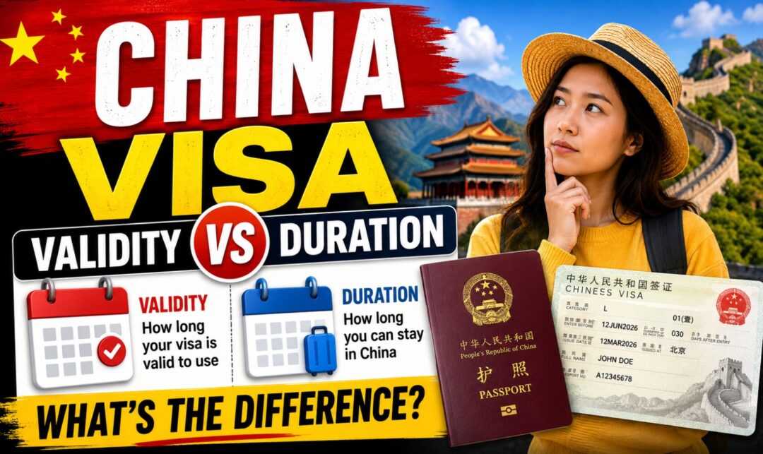 China Visa Validity vs Duration of Stay: What's the Difference? › Forever Tourism LLC Thumbnail about China visa: compares validity and duration, with a traveler holding a passport and visa documents.