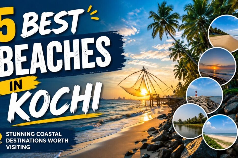 5 Best Beaches in Kochi: Stunning Coastal Destinations Worth Visiting › Forever Tourism LLC Banner promoting '5 Best Beaches in Kochi' with a beach sunset and circular photo thumbnails on the right, inviting coastal destinations.