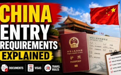 China Entry Requirements Explained: Documents, Visas & Travel Rules › Forever Tourism LLC Thumbnail announcing ‘China entry requirements explained’ with a red-yellow title, passport, visa documents, and Chinese flag in the background.