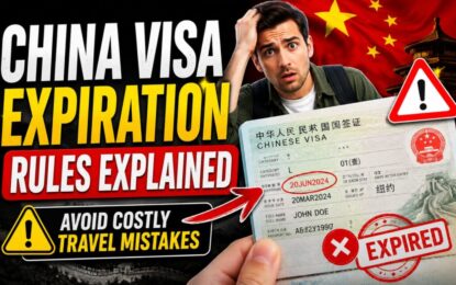 China Visa Expiration Rules Explained: Avoid Costly Travel Mistakes › Forever Tourism LLC Thumbnail illustrating visa expiration rules for China with a surprised man and an expired Chinese visa document, warning icons visible.