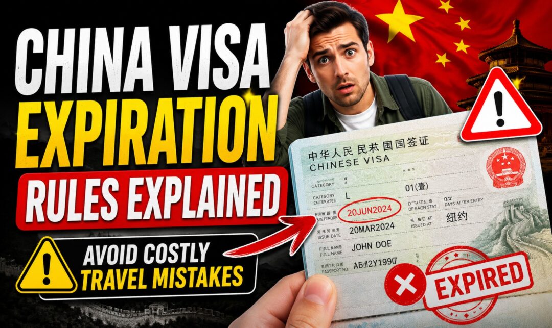 China Visa Expiration Rules Explained: Avoid Costly Travel Mistakes › Forever Tourism LLC Thumbnail illustrating visa expiration rules for China with a surprised man and an expired Chinese visa document, warning icons visible.