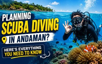 Planning Scuba Diving in Andaman? Here's Everything You Need to Know › Forever Tourism LLC Diver in scuba gear underwater beside a coral reef; bold headline asks about planning scuba diving in Andaman and what you need to know.