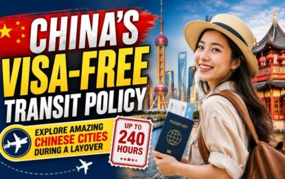 China Visa Free Transit Policy: Explore Amazing Chinese Cities During a Layover › Forever Tourism LLC Traveler holding a passport beside iconic Chinese landmarks, promoting China's visa-free transit policy (up to 240 hours)
