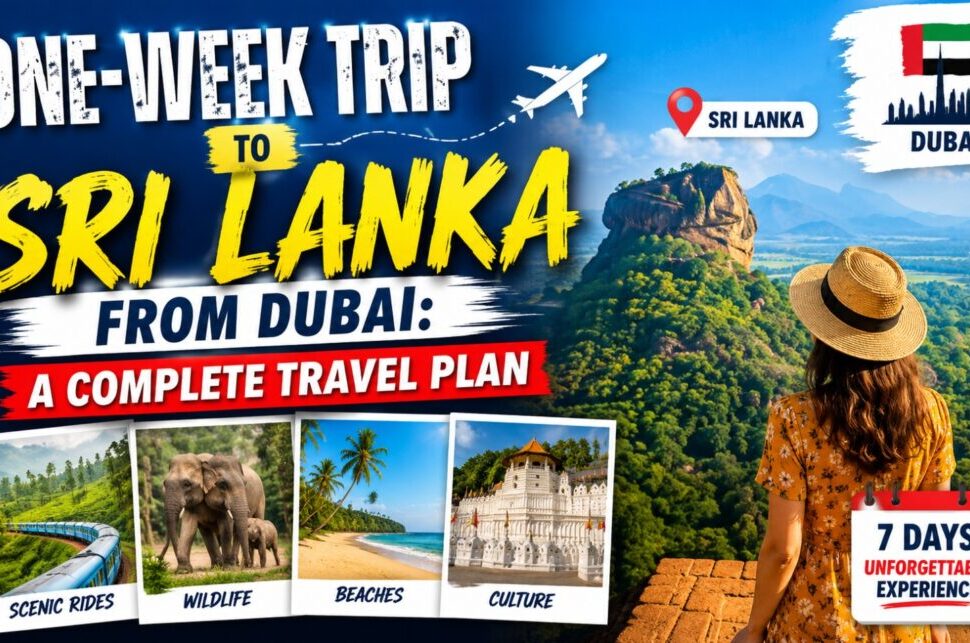 One-Week Trip to Sri Lanka from Dubai: A Complete Travel Plan › Forever Tourism LLC Promotional poster for a one-week trip from Dubai to Sri Lanka, with a woman in a hat overlooking a tropical landscape and a collage of highlights: scenic rides, wildlife, beaches, culture; 7 days unforgettable experience.
