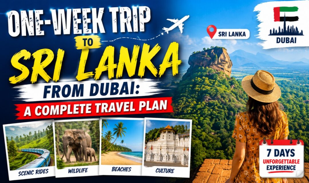 One-Week Trip to Sri Lanka from Dubai: A Complete Travel Plan › Forever Tourism LLC Promotional poster for a one-week trip from Dubai to Sri Lanka, with a woman in a hat overlooking a tropical landscape and a collage of highlights: scenic rides, wildlife, beaches, culture; 7 days unforgettable experience.