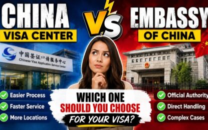 China Visa Center vs Embassy: Which One Should You Choose for Your Visa? › Forever Tourism LLC Comparison image: China Visa Center vs. Embassy of China with a puzzled woman at center and checkmarked bullets on both sides about visa options.