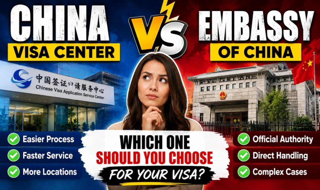China Visa Center vs Embassy: Which One Should You Choose for Your Visa? › Forever Tourism LLC Comparison image: China Visa Center vs. Embassy of China with a puzzled woman at center and checkmarked bullets on both sides about visa options.