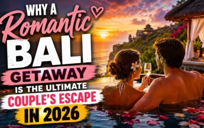 Why a Romantic Bali Getaway Is the Ultimate Couple's Escape in 2026 › Forever Tourism LLC Couple in a tropical pool at sunset with champagne; banner text promotes a Romantic Bali Getaway for 2026 (couple's escape).