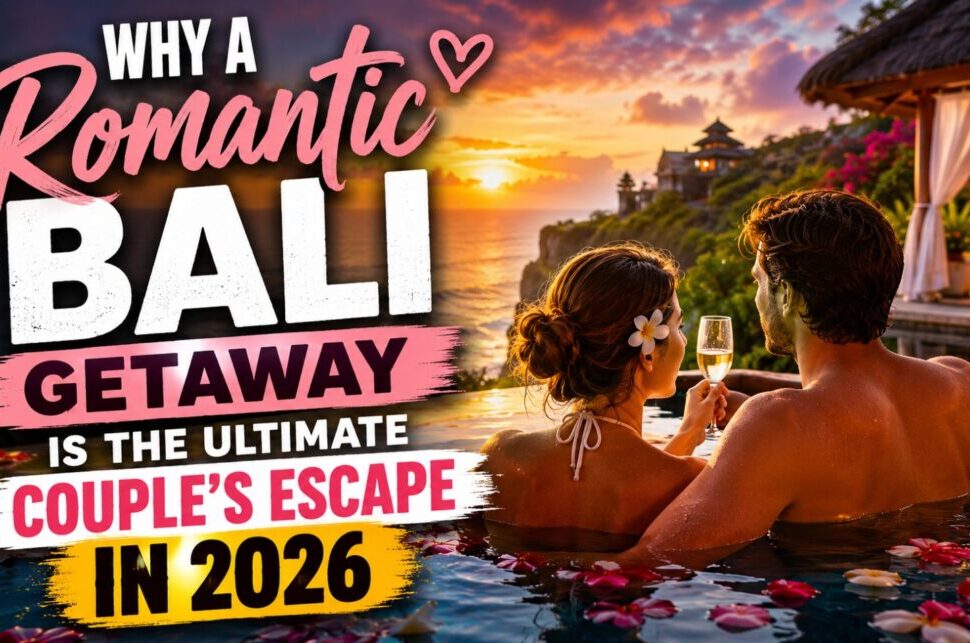 Why a Romantic Bali Getaway Is the Ultimate Couple's Escape in 2026 › Forever Tourism LLC Couple in a tropical pool at sunset with champagne; banner text promotes a Romantic Bali Getaway for 2026 (couple's escape).