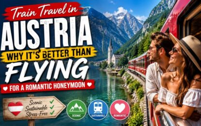 Train Travel in Austria: Why It's Better Than Flying for a Romantic Honeymoon › Forever Tourism LLC Couple on a red train beside a lake and snow‑capped mountains; banner promotes train travel in Austria for a romantic honeymoon.