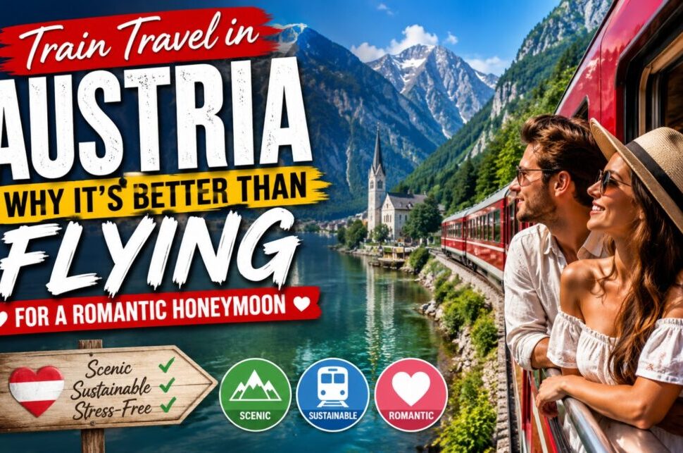 Train Travel in Austria: Why It's Better Than Flying for a Romantic Honeymoon › Forever Tourism LLC Couple on a red train beside a lake and snow‑capped mountains; banner promotes train travel in Austria for a romantic honeymoon.