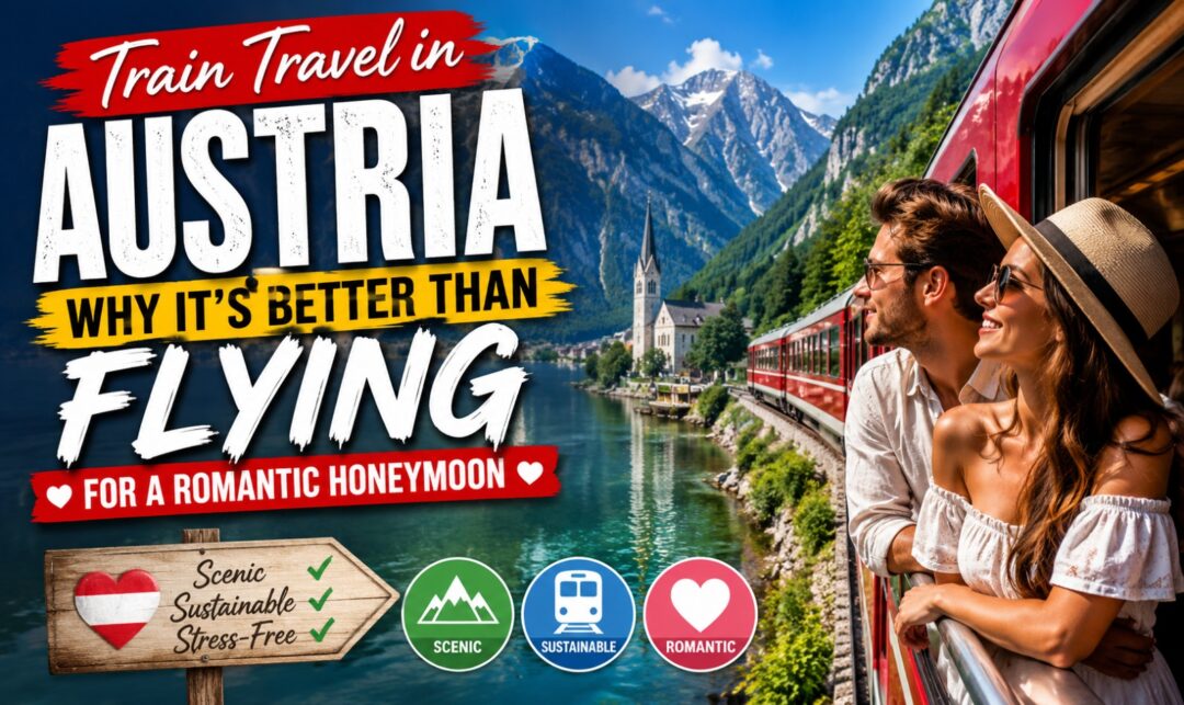 Train Travel in Austria: Why It's Better Than Flying for a Romantic Honeymoon › Forever Tourism LLC Couple on a red train beside a lake and snow‑capped mountains; banner promotes train travel in Austria for a romantic honeymoon.